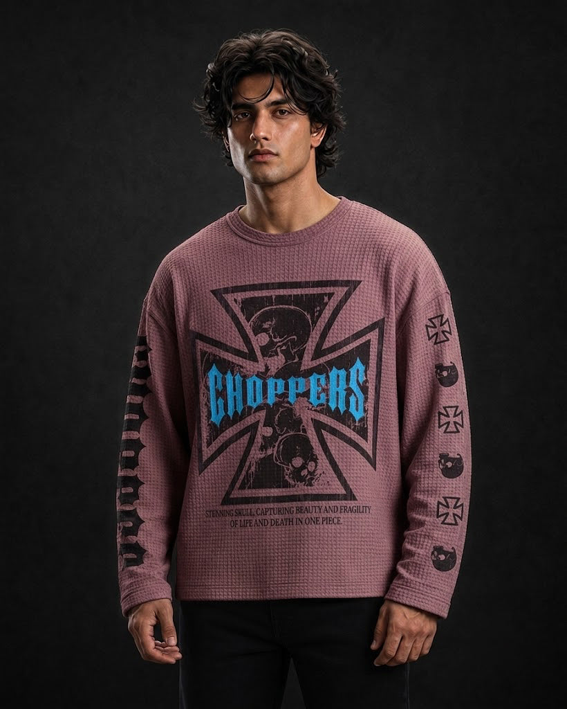 Choppers Skull Graphic Waffle-Knit Full Sleeve Baggy Fit T-Shirt All Colours