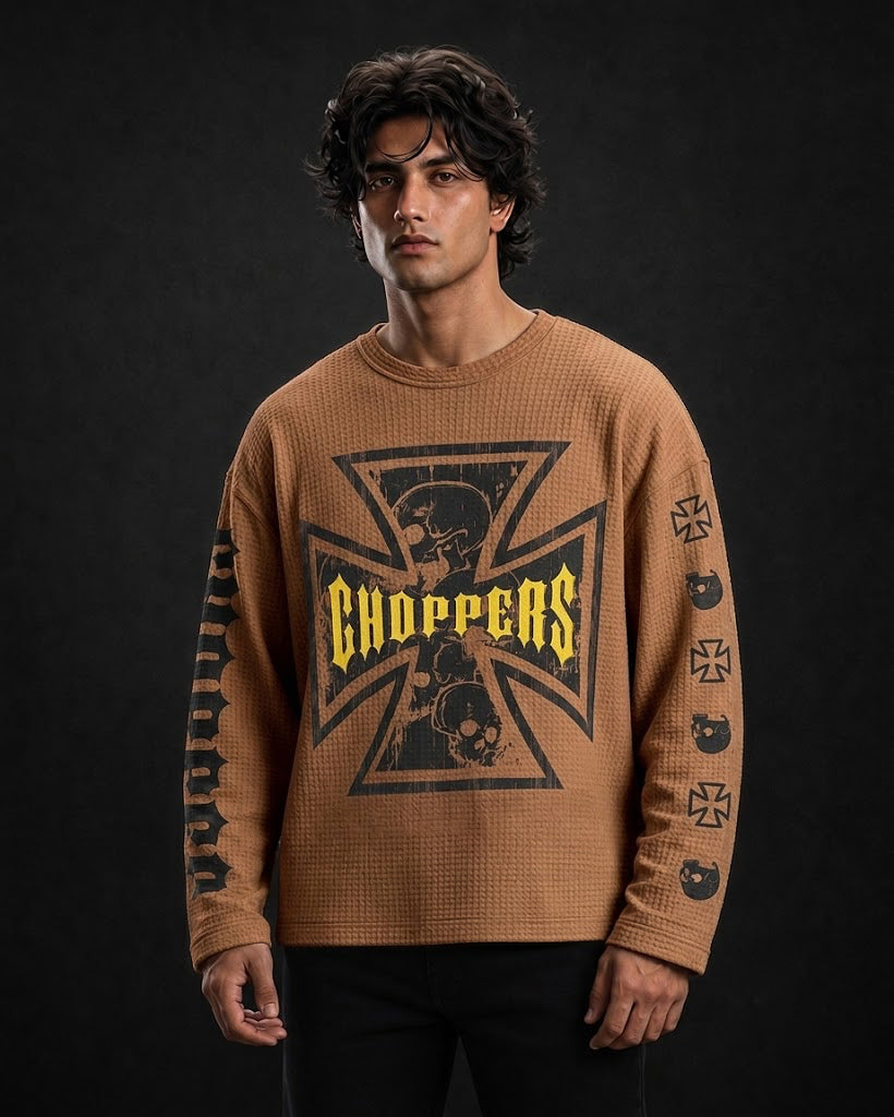 Choppers Skull Graphic Waffle-Knit Full Sleeve Baggy Fit T-Shirt All Colours