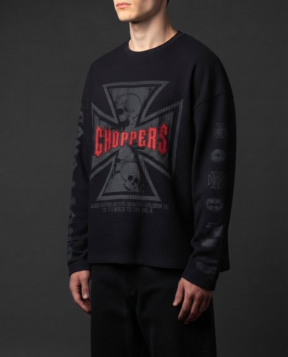 Choppers Skull Graphic Waffle-Knit Full Sleeve Baggy Fit T-Shirt – Black