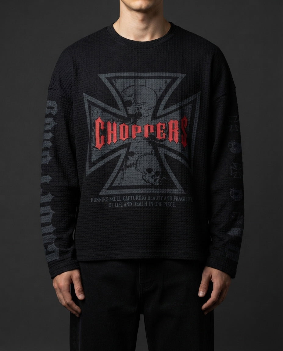 Choppers Skull Graphic Waffle-Knit Full Sleeve Baggy Fit T-Shirt – Black