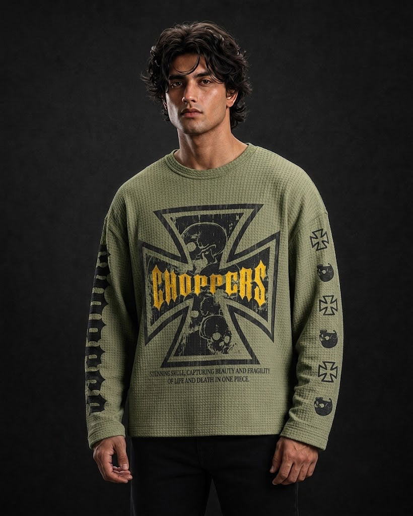 Choppers Skull Graphic Waffle-Knit Full Sleeve Baggy Fit T-Shirt All Colours