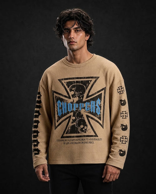 Choppers Skull Graphic Waffle-Knit Full Sleeve Baggy Fit T-Shirt All Colours