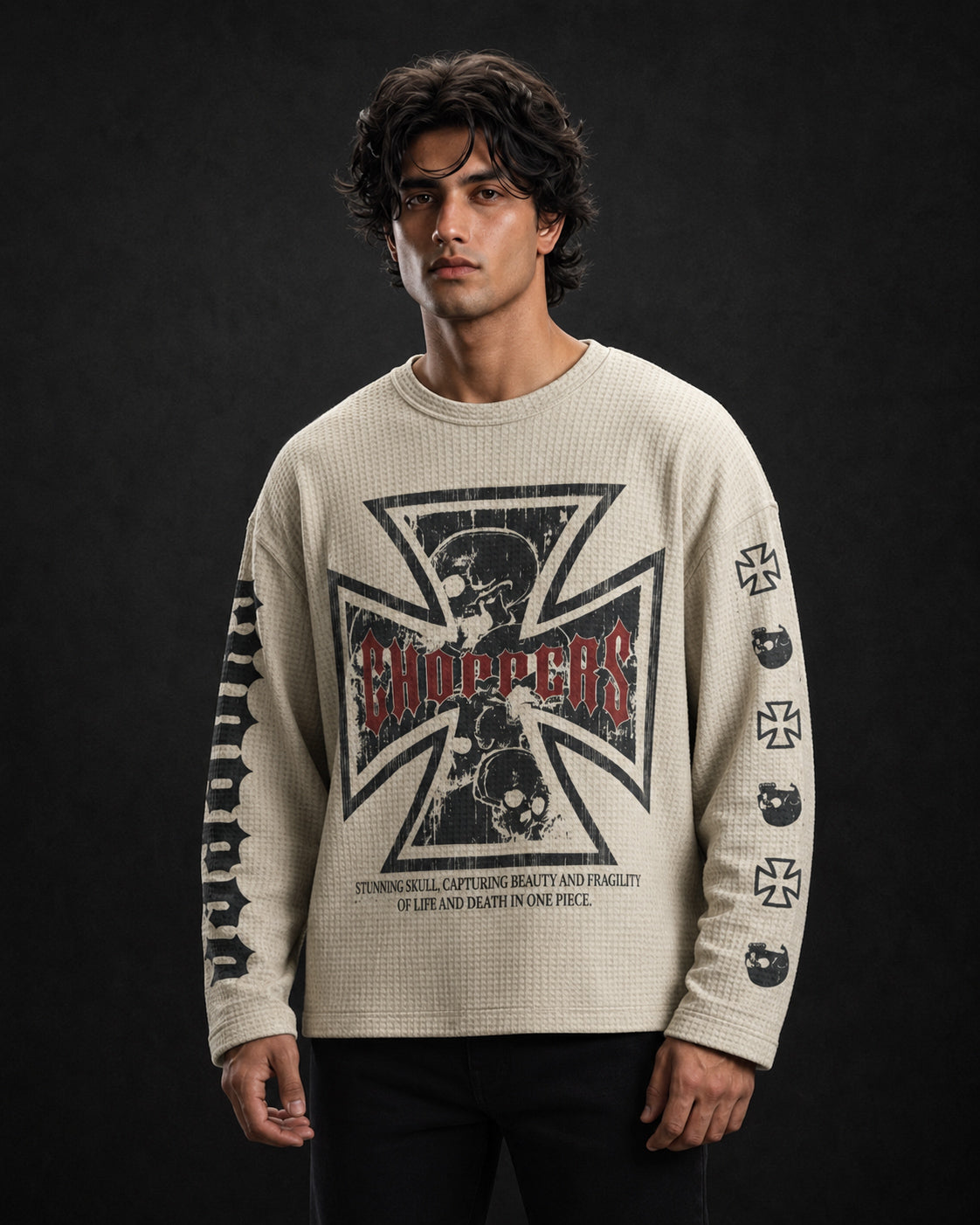 Choppers Skull Graphic Waffle-Knit Full Sleeve Baggy Fit T-Shirt All Colours